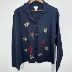 Vintage Navy Harvest Grape Embroidered Button Up Cardigan Cottagecore Size Large